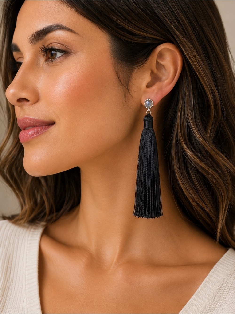 Sleek Black Tassel Earrings Gold Tone Opalescent Rhinestone Stud Drop Earrings